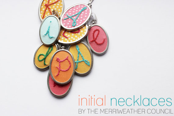 Embroidered initial necklaces by The Merriweather Council via EmmalineBride.com