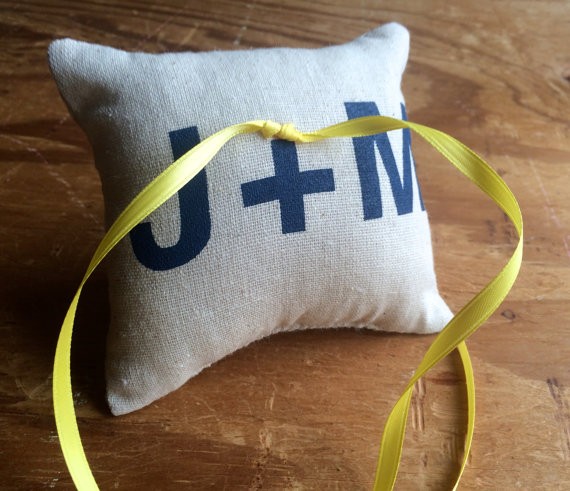 initials burlap pillow | via Rustic Ring Pillows http://emmalinebride.com/ceremony/rustic-ring-pillows/