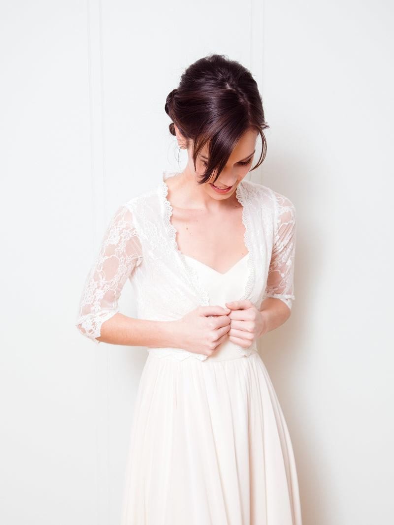 Bridal Cover Ups: lace bridal jacket by davie & chiyo | https://emmalinebride.com/bride/wedding-cover-ups/
