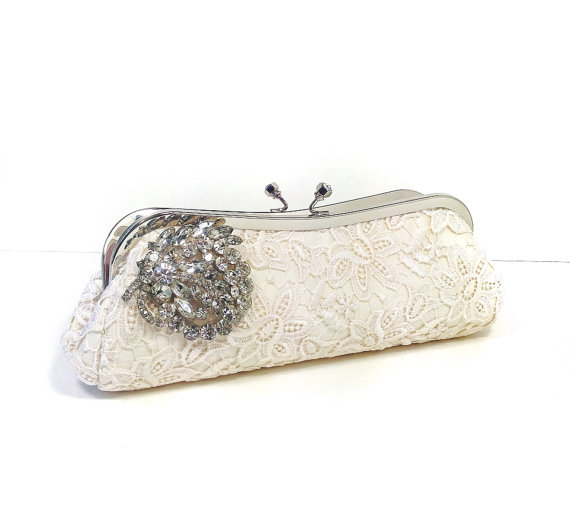 bridal clutch bags - lace clutch with brooch embellishment
