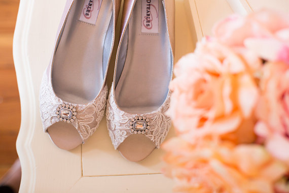 Custom handmade wedding shoes with lace and decorative rhinestone detail. By Becca and Louise.
