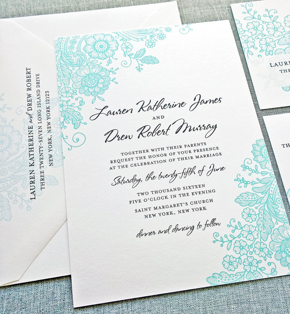 lauren lace teal wedding invitation - wedding invitation credit + robe giveaway