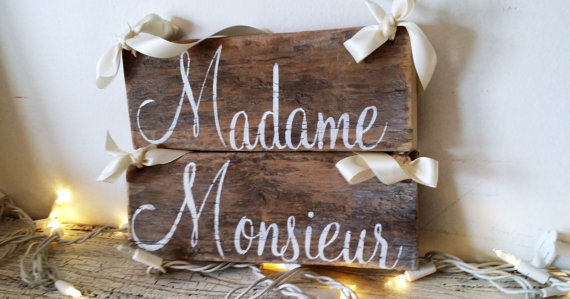madame monsieur chair signs | via bride and groom chair signs https://emmalinebride.com/decor/bride-and-groom-chairs/