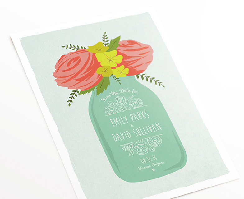 mason jar save the date with flowers