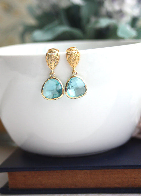 Wedding Jewelry for Mom - matte gold paisley earrings with aquamarine (by marolsha)