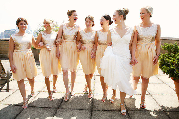 Gold Chiffon Bridesmaid Dresses with Sequin Bodice | by Dahl | http://emmalinebride.com/bridesmaids/gold-chiffon-bridesmaid-dresses/