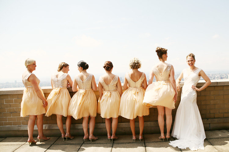 Gold Chiffon Bridesmaid Dresses with Sequin Bodice | by Dahl | https://emmalinebride.com/bridesmaids/gold-chiffon-bridesmaid-dresses/