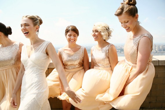Gold Chiffon Bridesmaid Dresses with Sequin Bodice | by Dahl | http://emmalinebride.com/bridesmaids/gold-chiffon-bridesmaid-dresses/