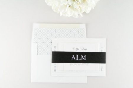 modern classic wedding invitations with monogram belly band