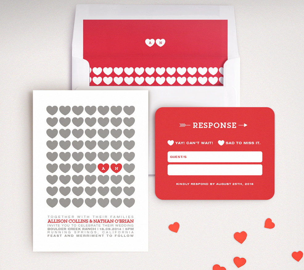 Modern Red and White Heart Wedding Invitations -- love these! By Lucy Loves Paper. | http://emmalinebride.com/invites/heart-invitations-weddings/