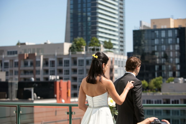 modern wedding first look on rooftop
