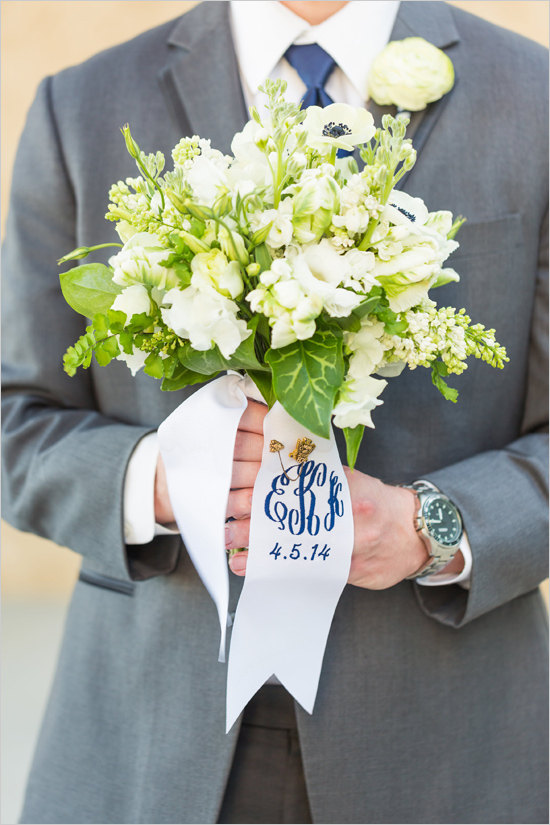 Monogrammed Bouquet Ribbons for Weddings | by Oatmeal Lace Design. Photo:Lauren Rosenau Photography.