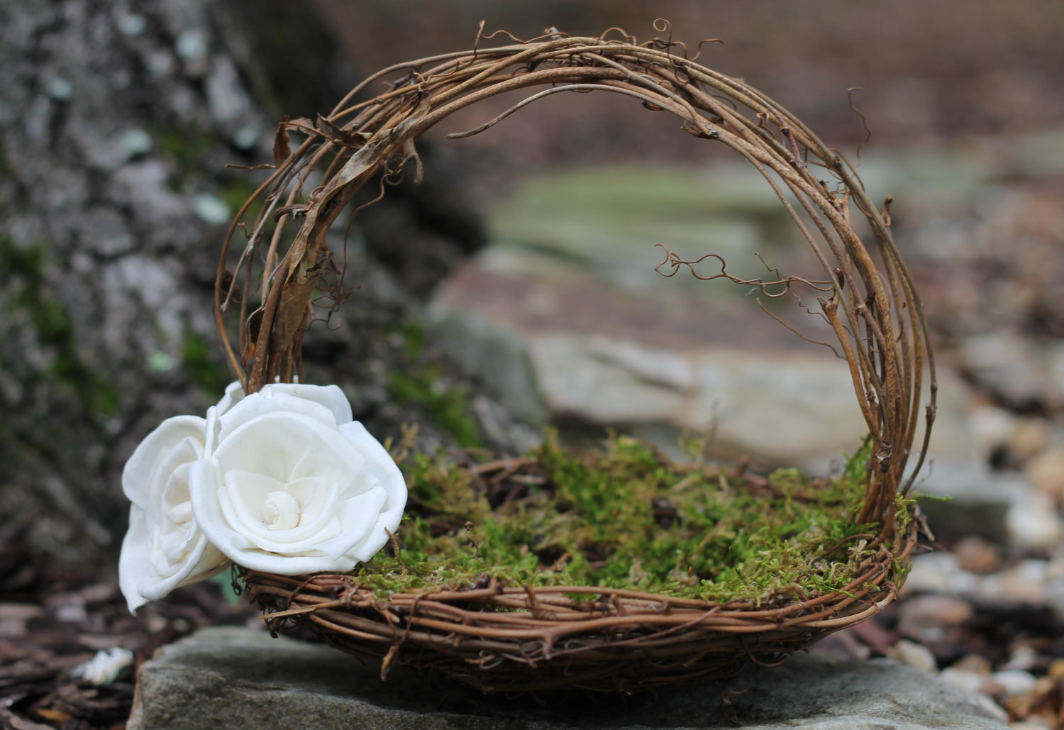 moss and branch flower girl basket | Rustic Flower Girl Baskets