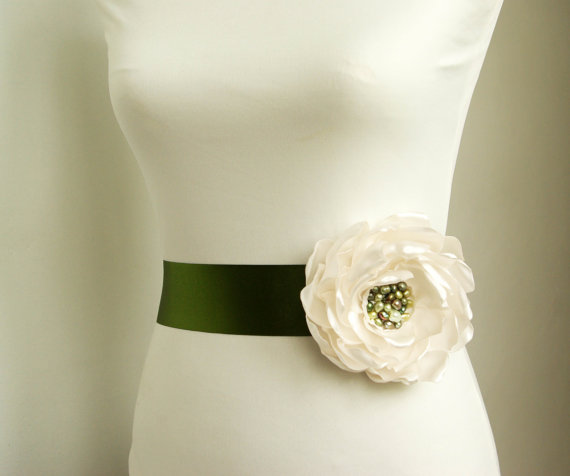 Flower Sash for Wedding Dress in Moss Green
