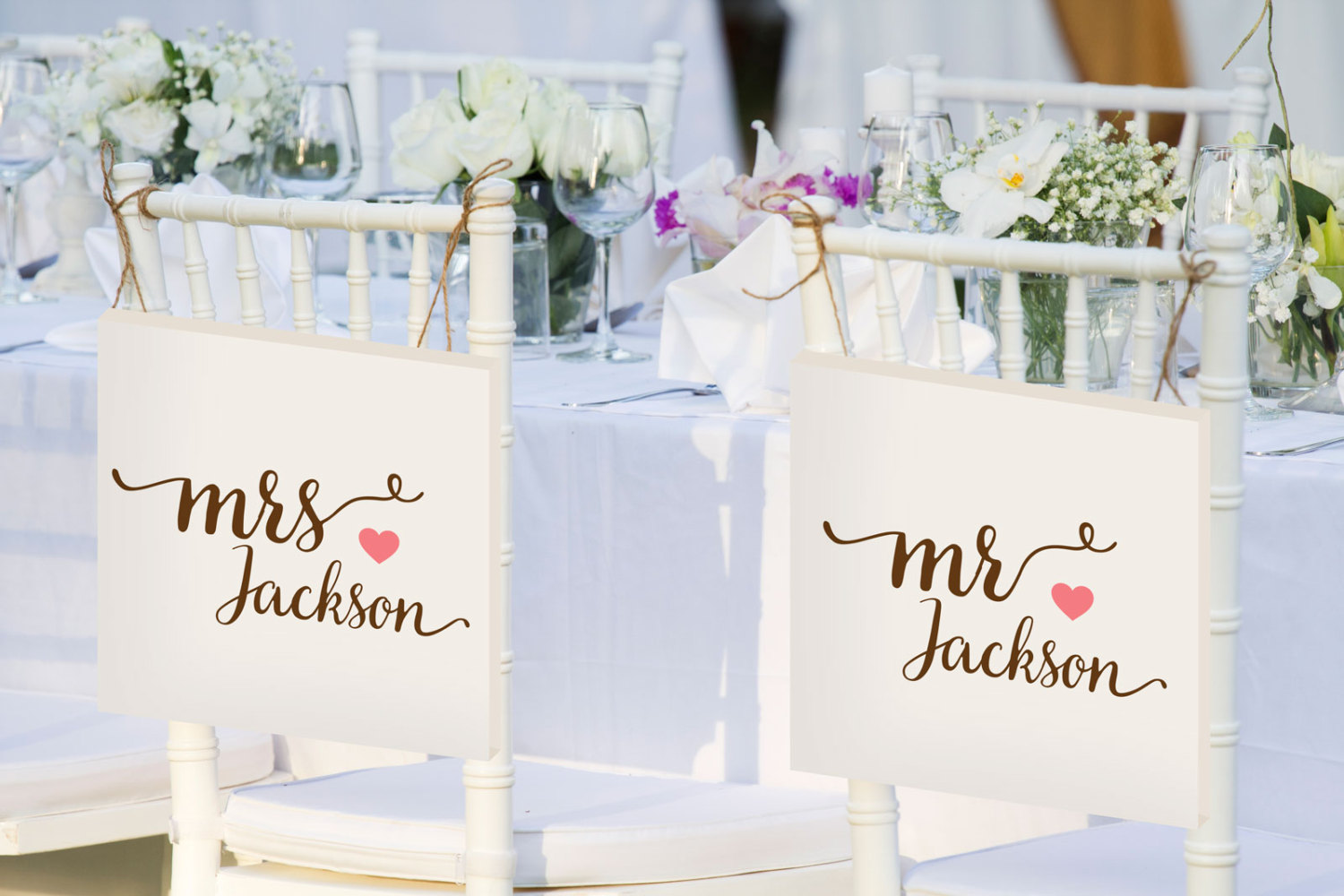 mr and mrs bride and groom chair signs personalized | via bride and groom chair signs https://emmalinebride.com/decor/bride-and-groom-chairs/