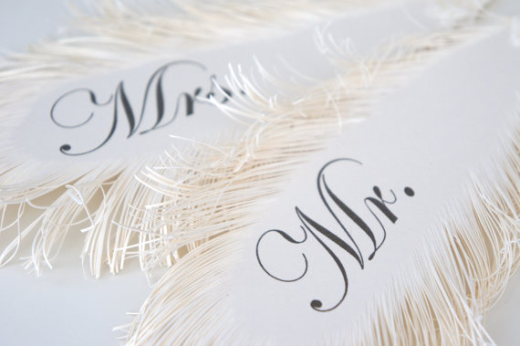 Feather Themed Wedding - mr and mrs chair sign feathers by lira designe