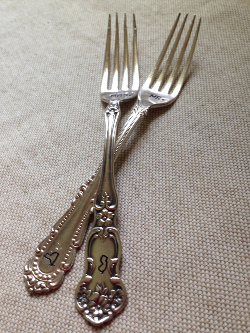 mr and mrs stamped forks with states | Stamped Cake Forks
