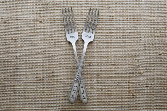 mr and mrs wedding forks (by Wooden Hive via 3 New Wedding Finds on Emmaline Bride)