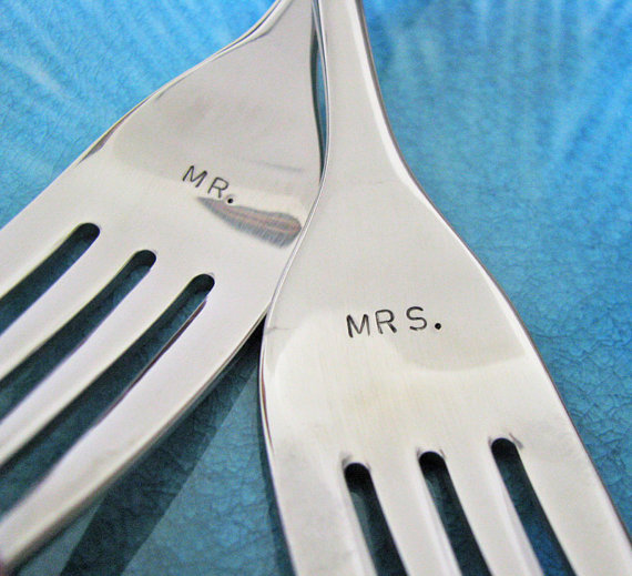 mr + mrs wedding forks by juliethefish designs | Cake Tips Weddings | Cake Cutting Tips Every Bride Should Know - https://emmalinebride.com/reception/cake-tips-weddings/