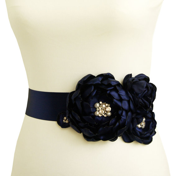 Flower Sash for Wedding Dress in Navy Blue