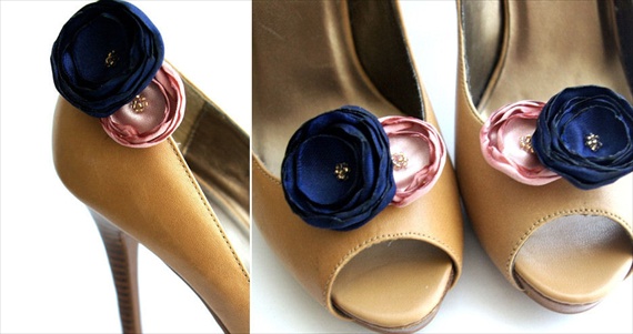 navy blue and pink wedding shoe clips via how to save money on wedding shoes