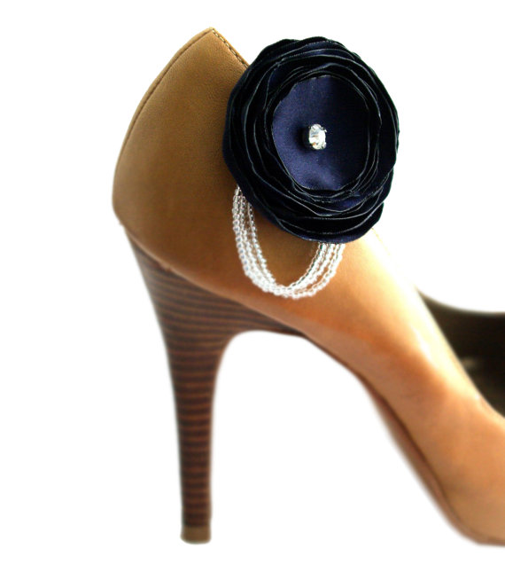 navy blue shoe clips with beading via how to save money on wedding shoes