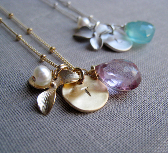 Birthstone Bridesmaid Jewelry - orchid initial
