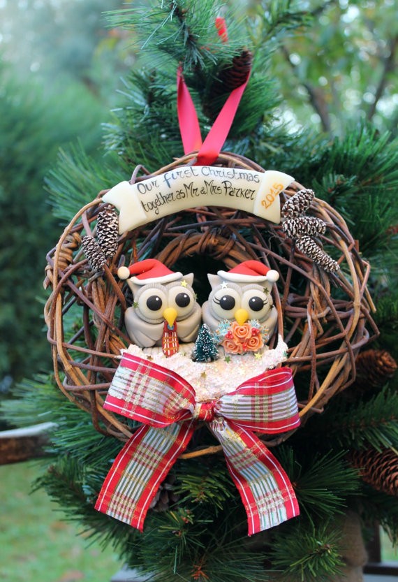 owl first christmas ornament in wreath by perlillapets via 50+ First Christmas Ornaments Engaged / Married
