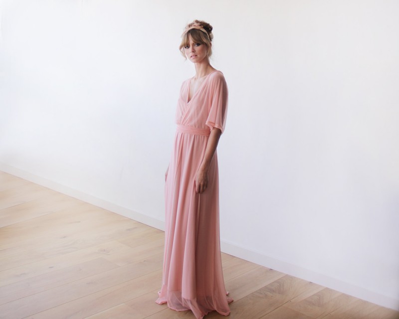 Peach Pink Bridesmaid Maxi Dress | via Bridesmaid Maxi Dresses https://emmalinebride.com/bridesmaids/bridesmaid-maxi-dresses/