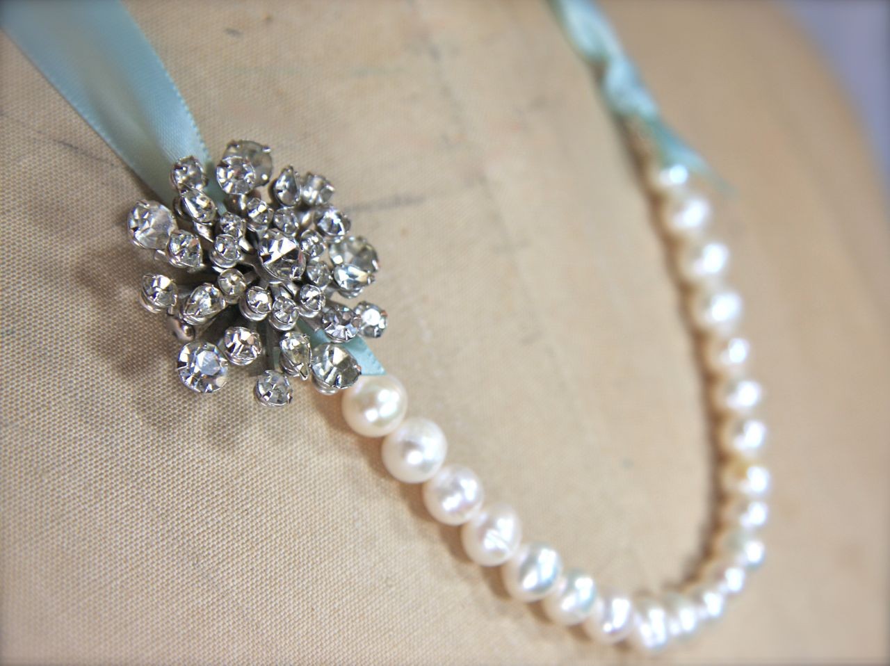pearl necklace with something blue ribbon
