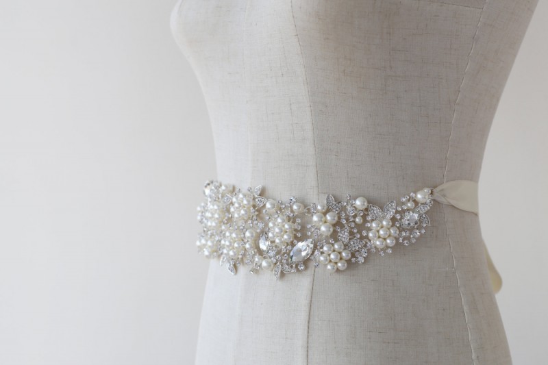 pearl sash with ribbon