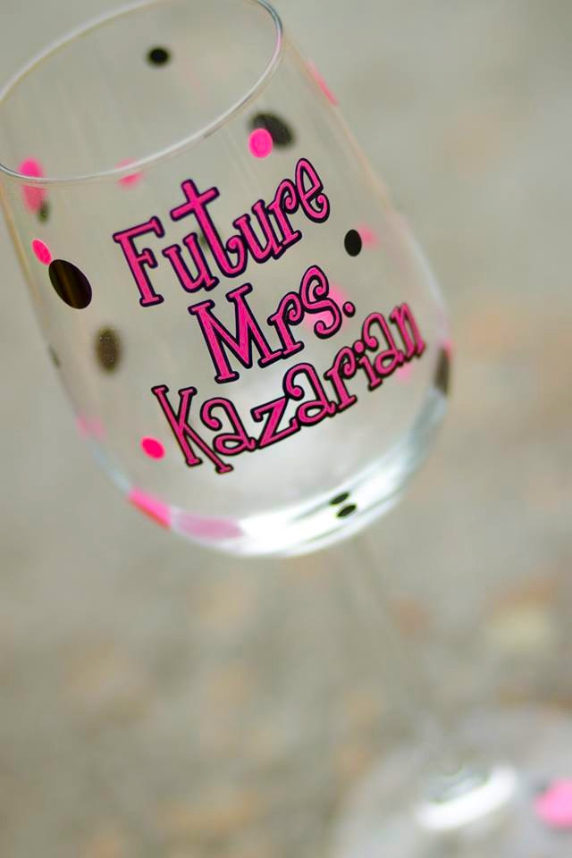 personalized bachelorette wine glass by waterfall designs | fun bachelorette party ideas | https://emmalinebride.com/planning/fun-bachelorette-party-ideas/