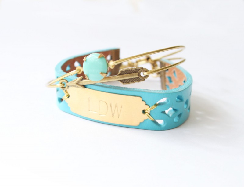 personalized bridesmaid bangle bracelets with leather bracelet cuff