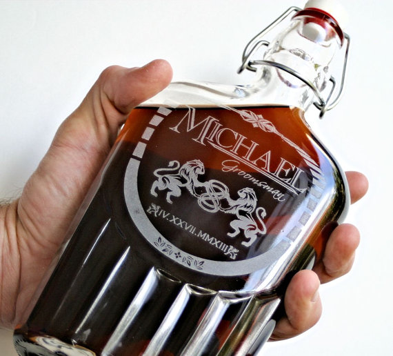 personalized etched glass flask via 12 Manly, Unique Groomsmen Gift Ideas