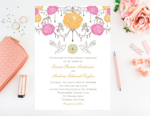 pink and yellow floral wedding invitations