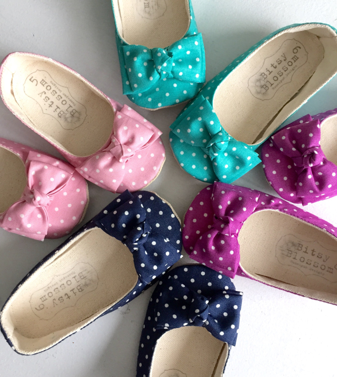 colorful polka dot flower girl shoes | handmade flower girl shoes via http://emmalinebride.com/spring/handmade-flower-girl-shoes/