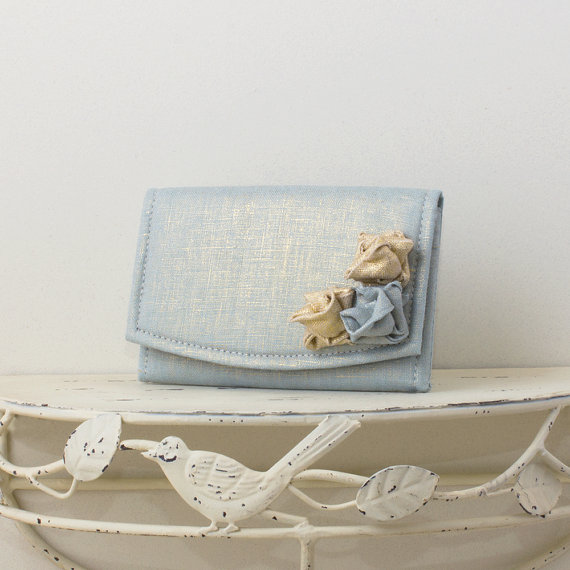 powder blue wedding clutch purse with metallic flower
