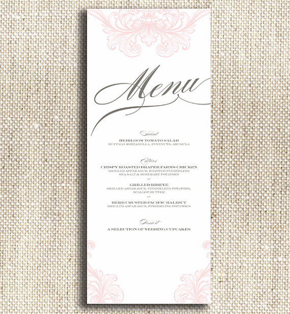 printable wedding menu - pink and white with gray - custom wedding printables