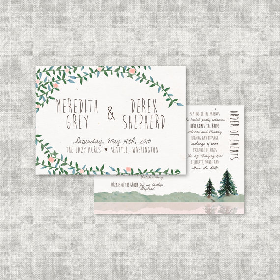 Pine tree wedding programs| by Splash of Silver | https://emmalinebride.com/planning/pine-tree-wedding-invitations/