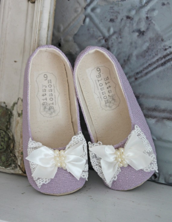 purple flower girl shoes with lace bow | handmade flower girl shoes via http://emmalinebride.com/spring/handmade-flower-girl-shoes/