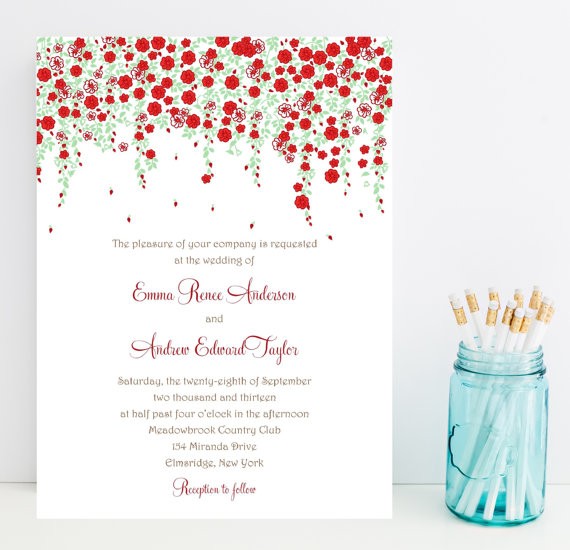 red floral wedding invitations