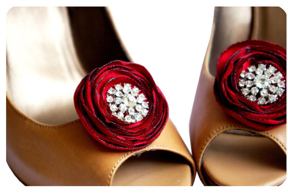 red flower shoe clips with rhinestones via how to save money on wedding shoes