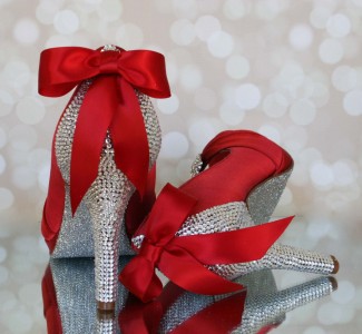 silver and red jeweled wedding shoes