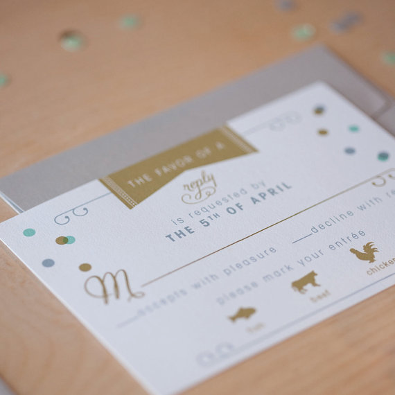 This reply card is modern and elegant.  It ties in with the confetti wedding invite set by Jen Simpson Design