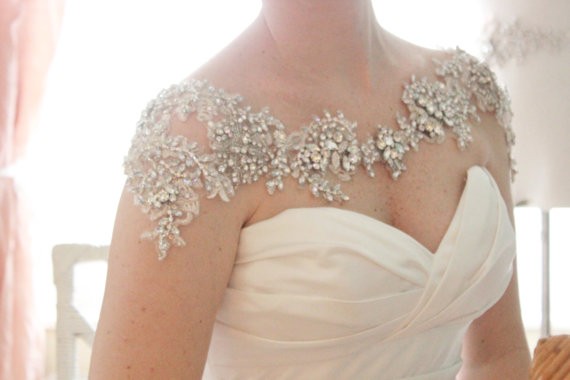 rhinestone bolero | via Wedding Dress with Statement Necklace http://emmalinebride.com/bridal/wedding-dress-with-statement-necklace/