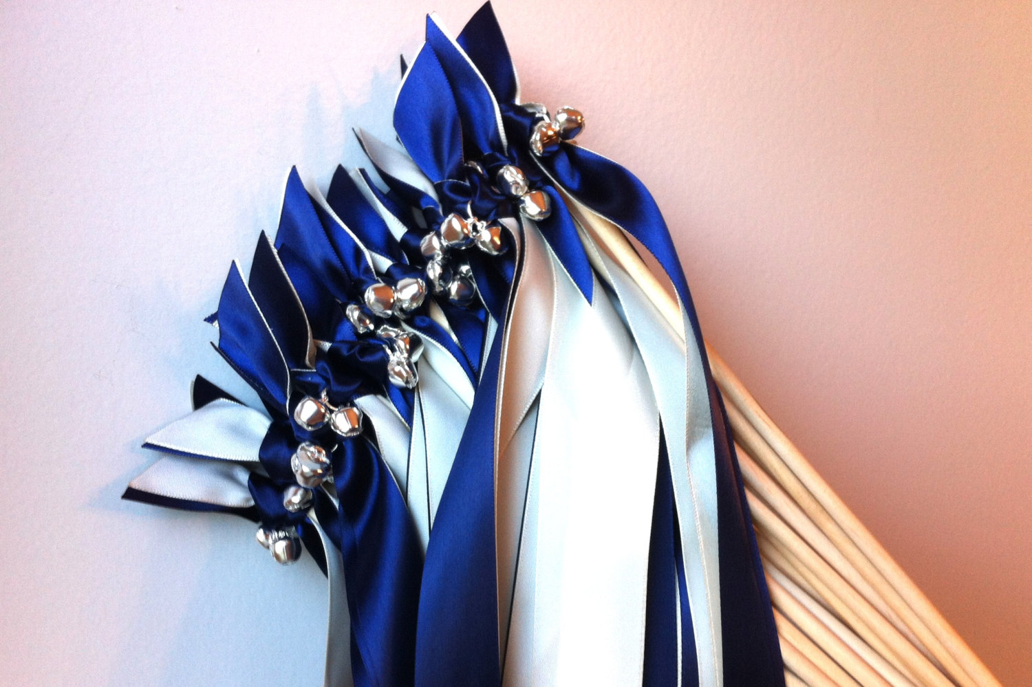 royal blue and silver ribbon wands with bells