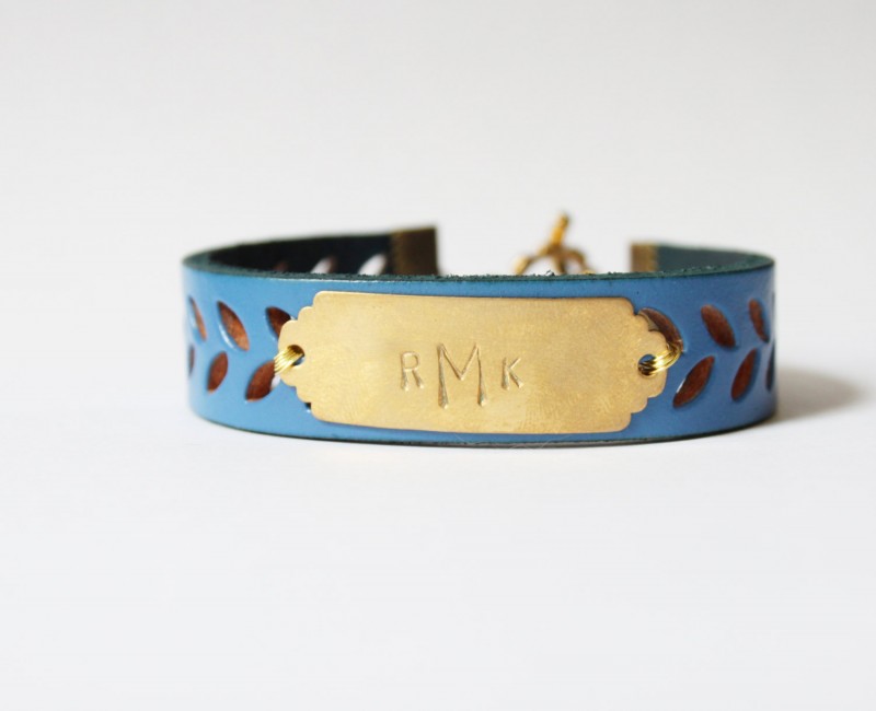 royal blue leather cuff bracelet | personalized bridesmaid bangle bracelets | https://emmalinebride.com/gifts/bridesmaid-bangle-bracelets/ 