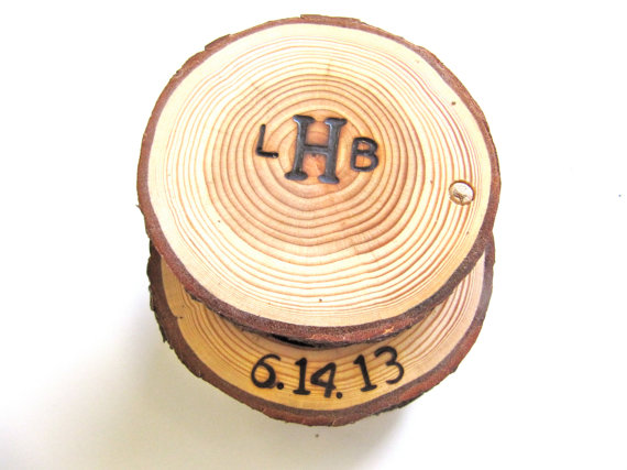 rustic tree slice monogram ring box