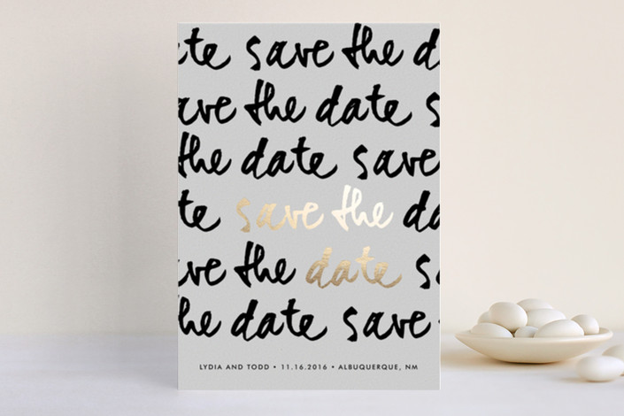save the date with real foil and black and white lettering | Foil Pressed Save the Date Cards via emmalinebride.com