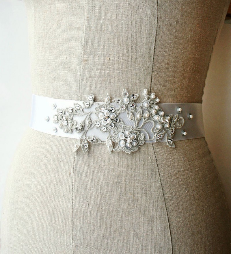 silver beaded wedding dress sash | NEW Wedding Dress Sash Ideas via https://emmalinebride.com/bride/wedding-dress-sash-ideas/